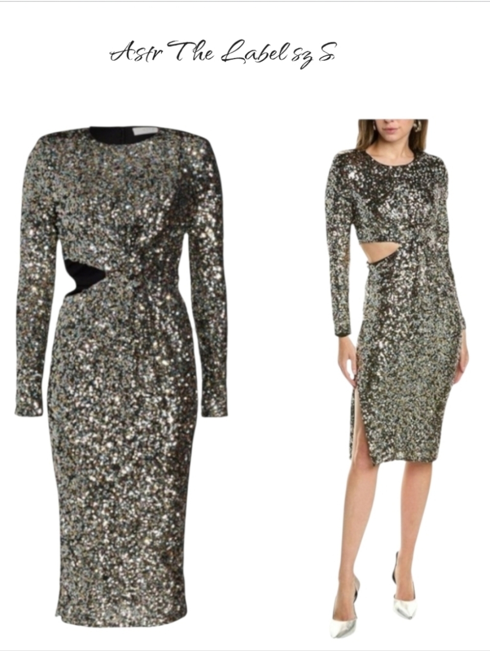 ASTR the Label Sylvina Sequin Cutout Midi Dress Black Rainbow Sz S